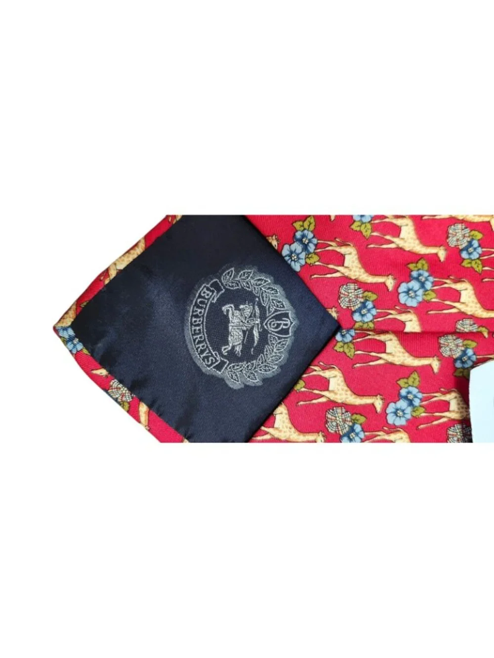 Vintage Burberrys of London 100% Silk Red Giraffe Floral Animal Print Tie